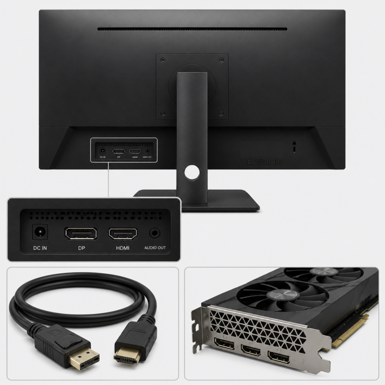 Anschlu00fcsse eines Monitors mit DisplayPort- und HDMI-Kabel