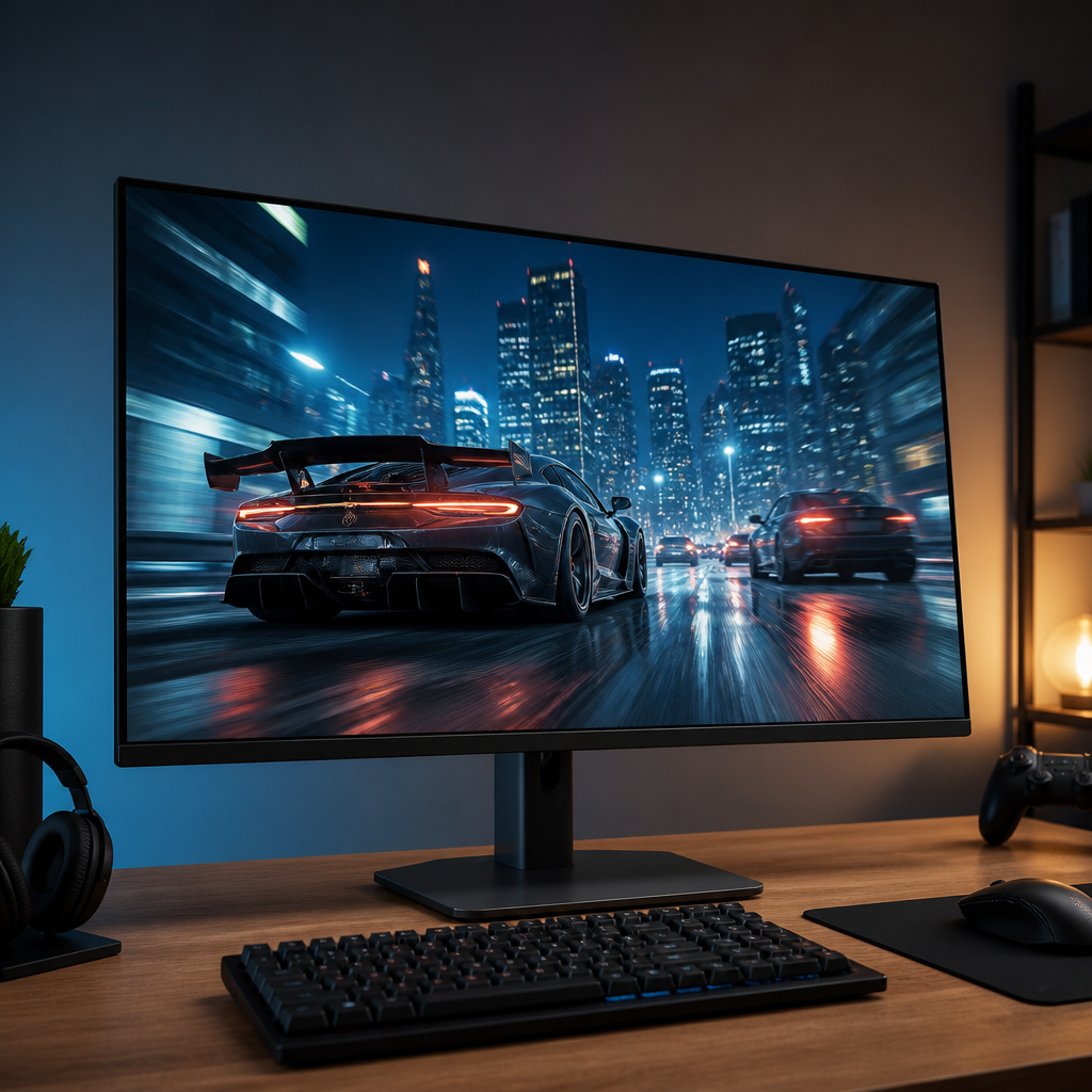 Moderner 240-Hz-Monitor auf einem Schreibtisch mit dynamischer Spielszenen-Darstellung
