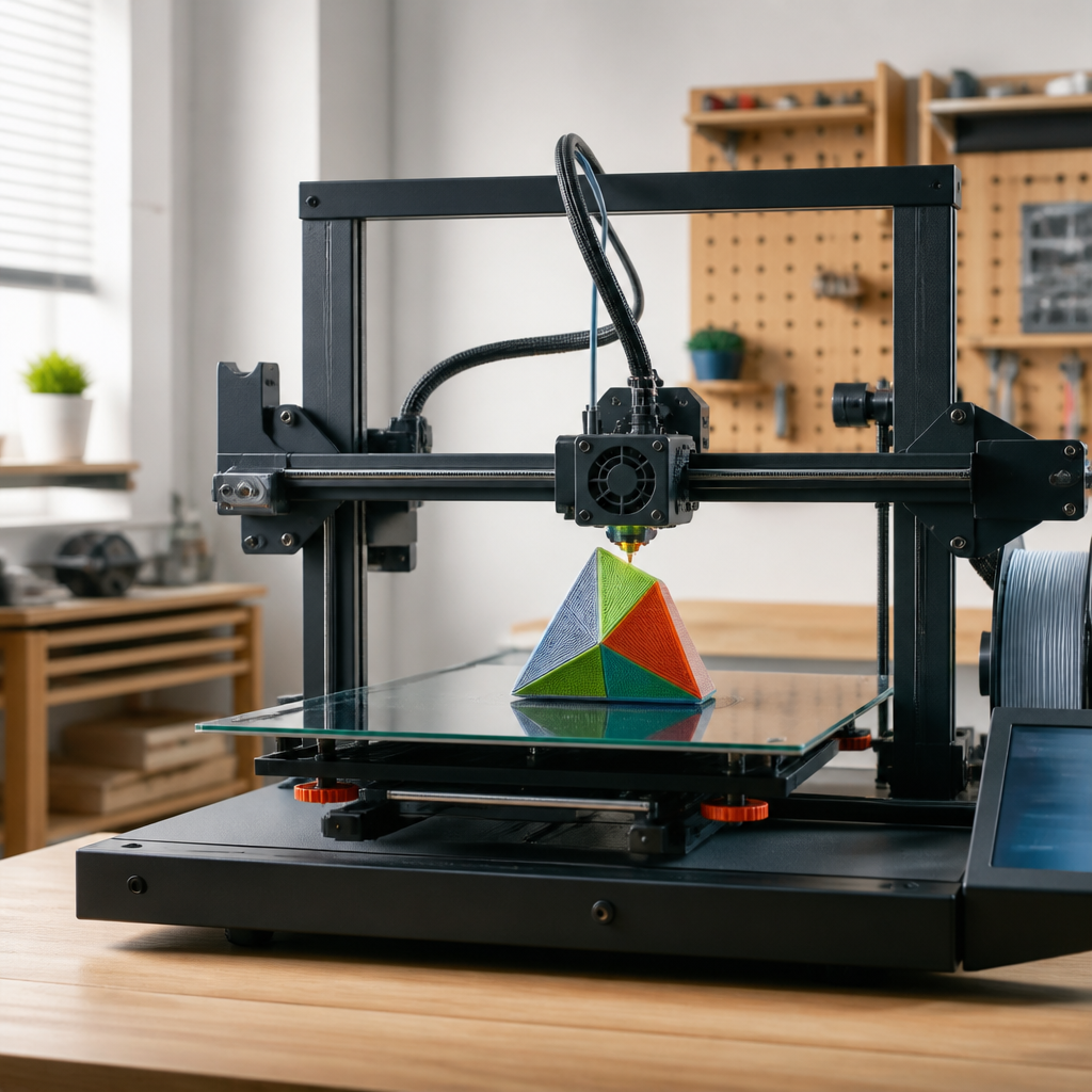 Moderner 3D-Drucker fertigt ein geometrisches Modell auf einer beheizten Druckplatte