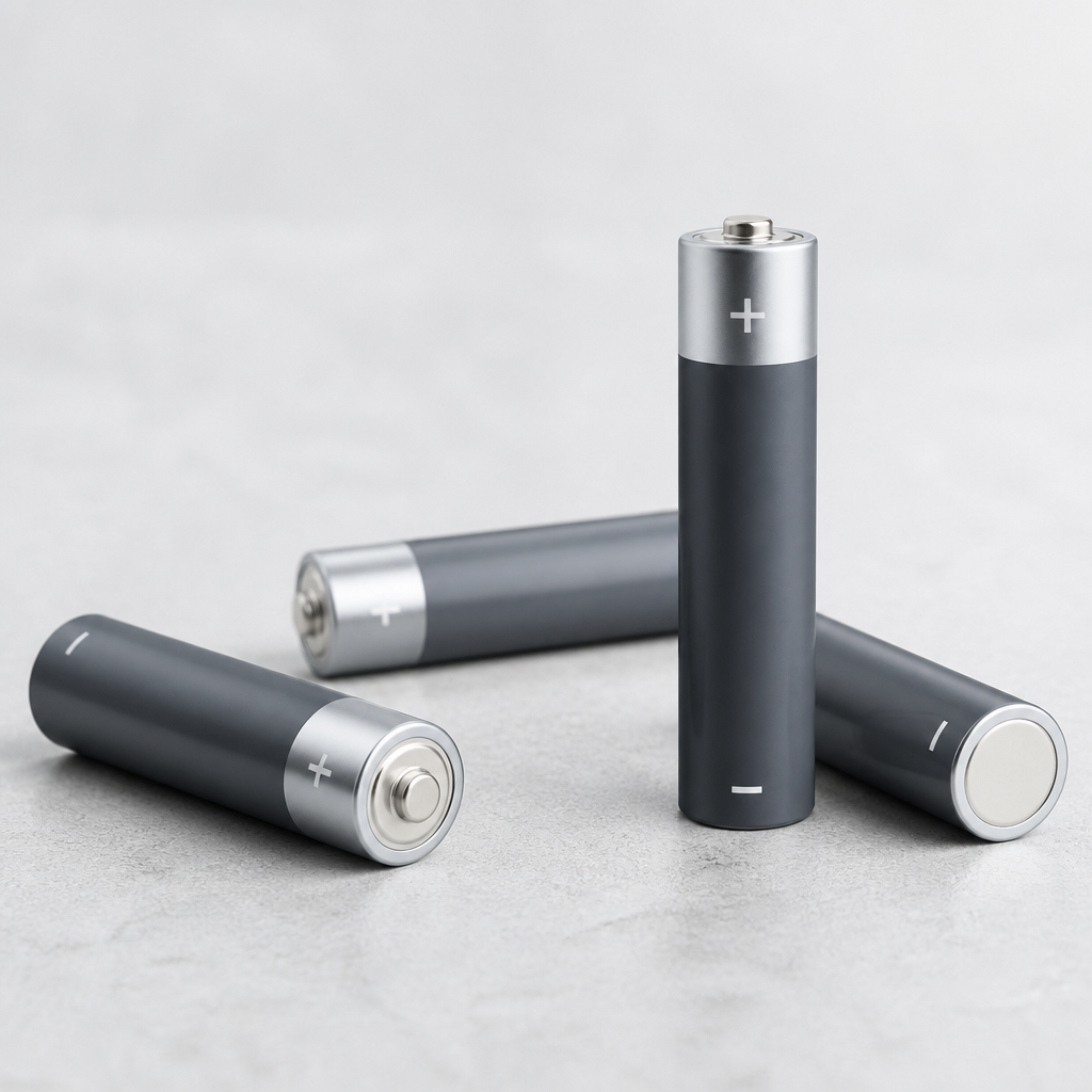 Mehrere AAA-Batterien mit sichtbaren Plus- und Minus-Polen