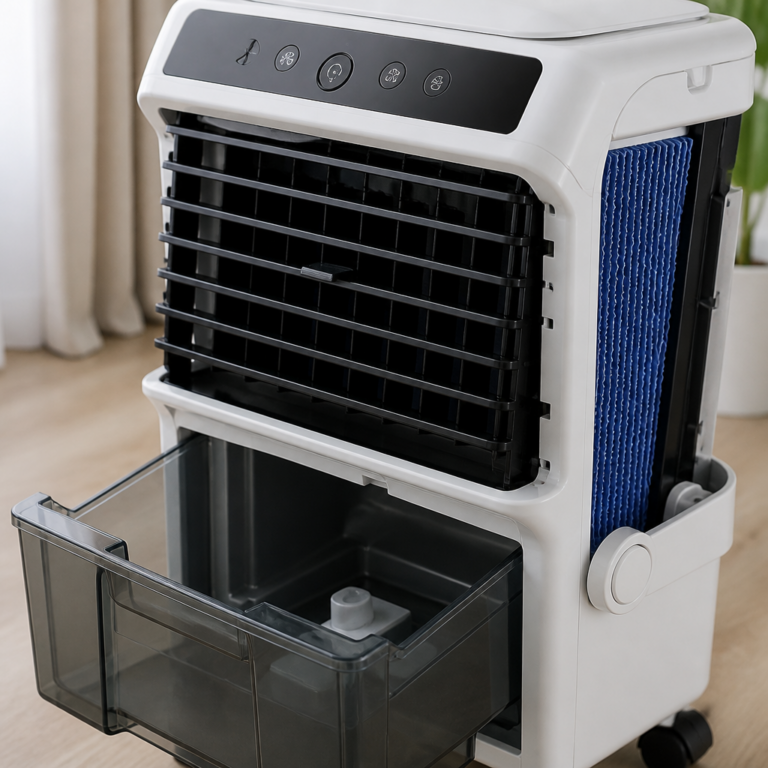 Wichtige Bauteile eines Luftku00fchlers wie Wassertank, Filter und Luftgitter