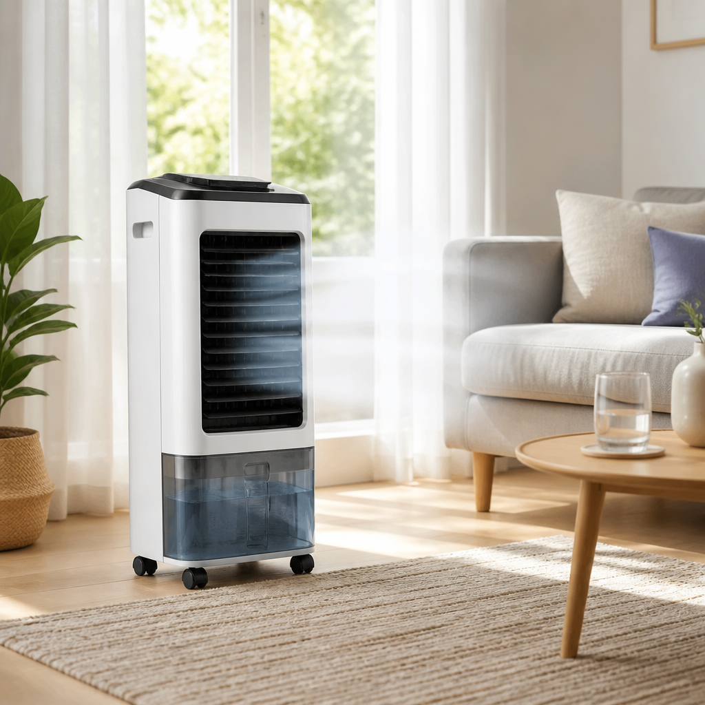 Mobiler AirCooler mit Wassertank und Luftauslass in einem hellen Wohnzimmer