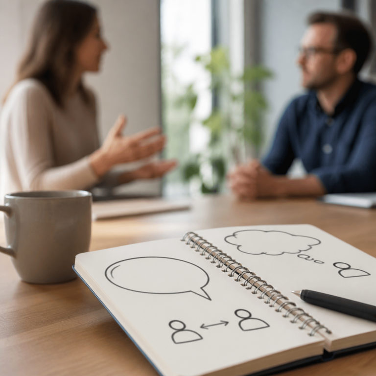 Notizbuch und Gespru00e4chssituation zum Formulieren persu00f6nlicher Grenzen