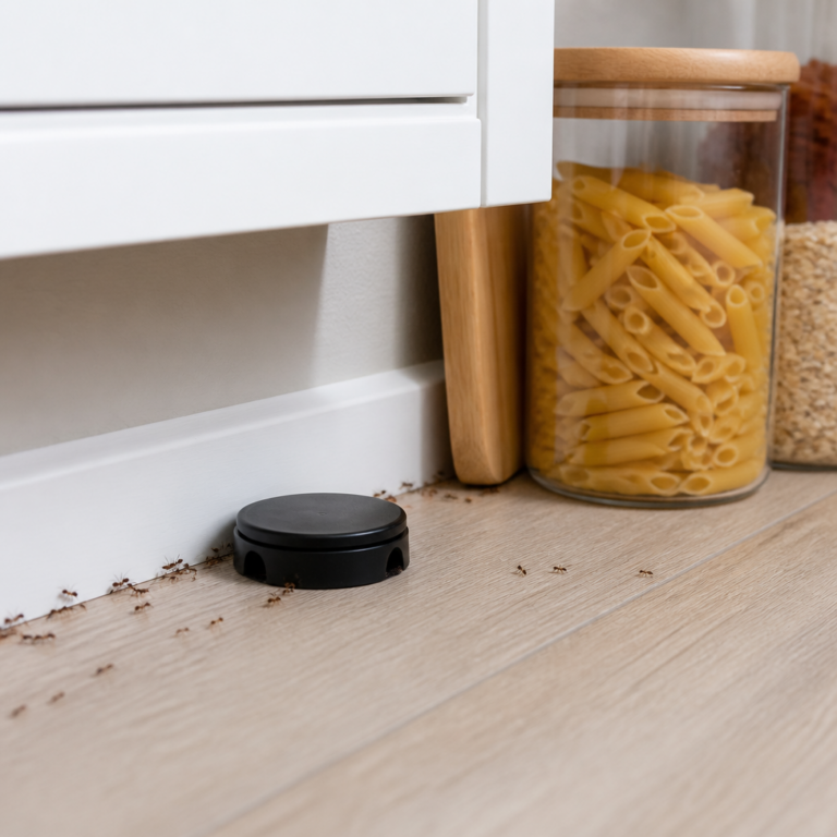 Sicher platzierte Ameisen-Ku00f6derdose an einer Sockelleiste mit Abstand zu Lebensmitteln