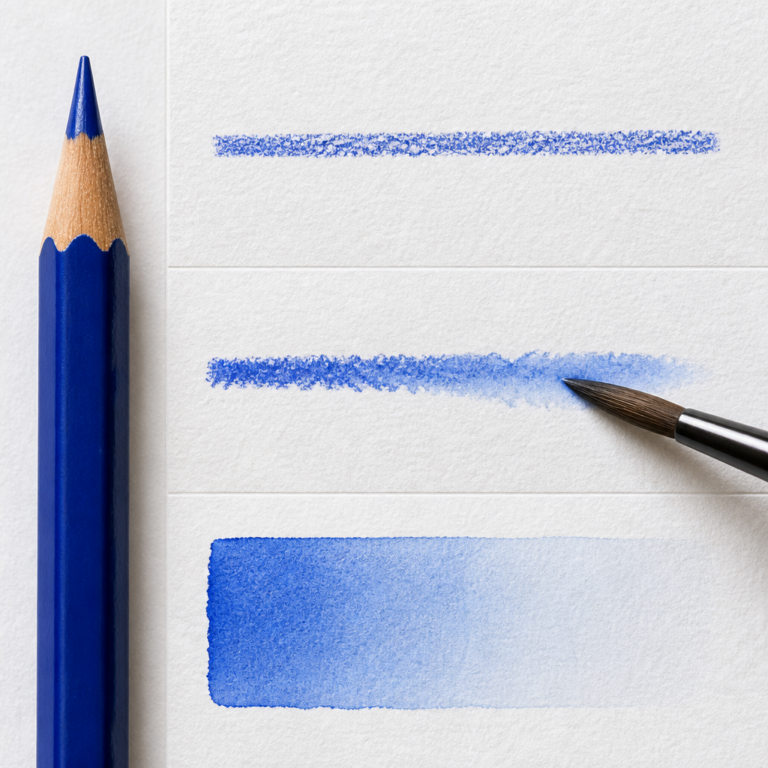 Trockene und mit Wasser vermalte Farbproben eines Aquarellstifts