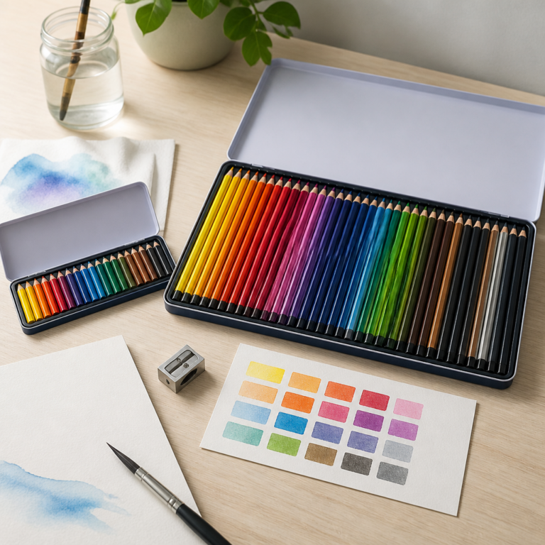 Kleines und grou00dfes Aquarellstifte-Set mit Farbkarte und Zubehu00f6r