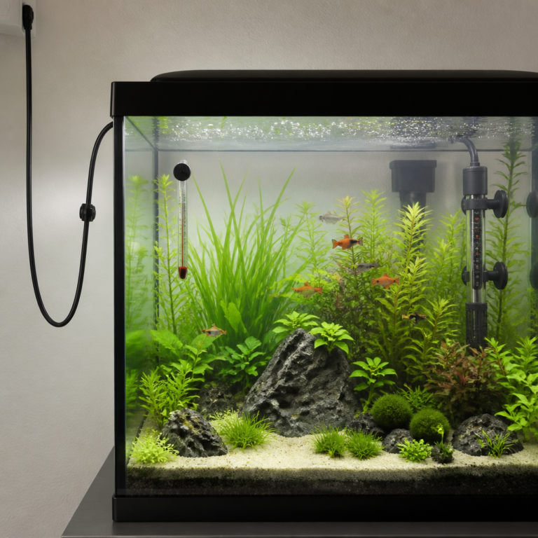 Sicher montierter Heizstab mit Thermometer und Tropfschleife am Aquarium