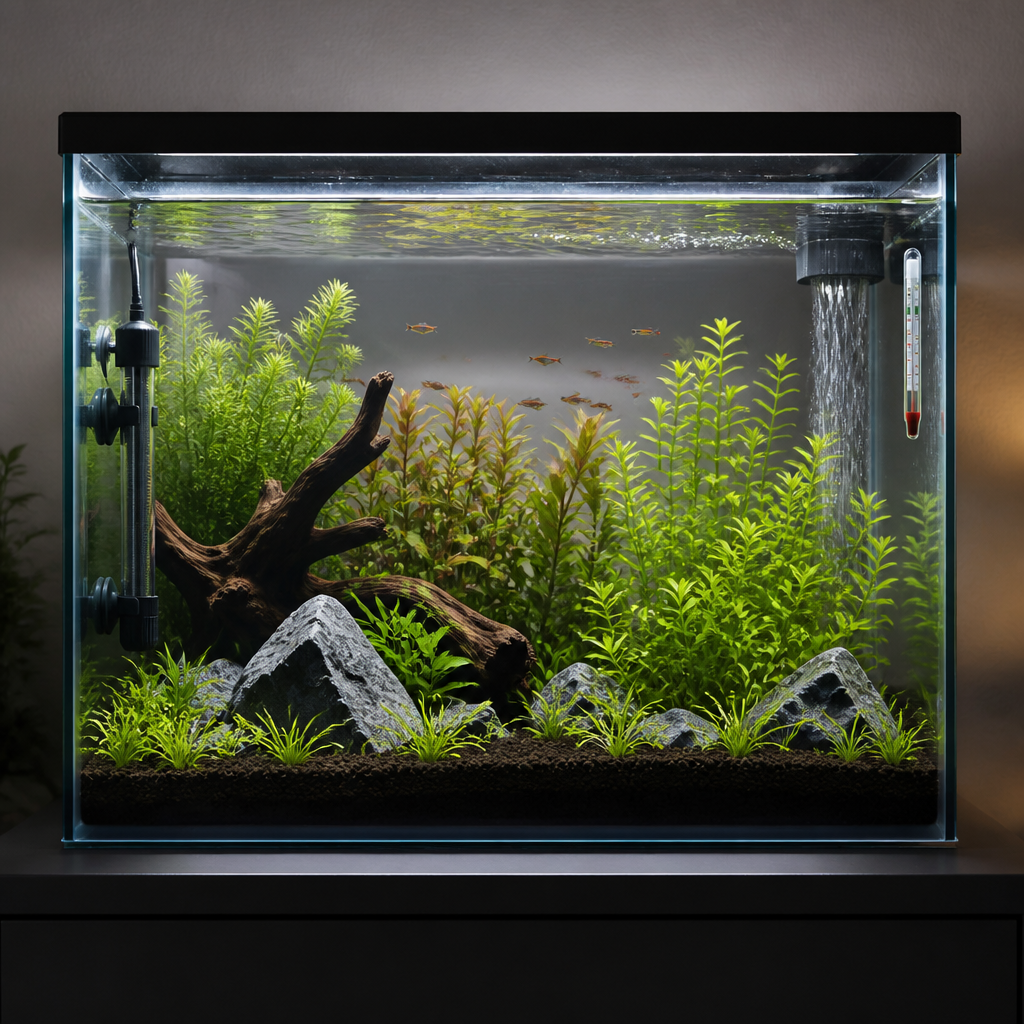 Aquarium mit montierter Heizung, Thermometer und Wasserpflanzen