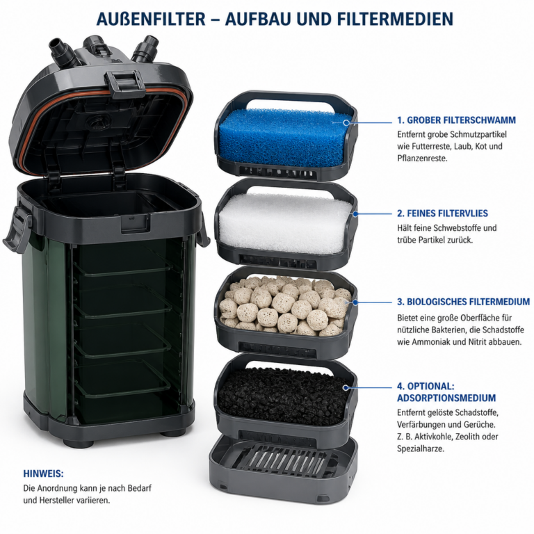 Geu00f6ffneter Filter mit verschiedenen Filtermedien und ihren Aufgaben