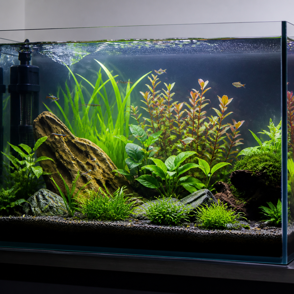 Bepflanztes Aquarium mit einem dezent sichtbaren Innenfilter und klarer Wasserbewegung