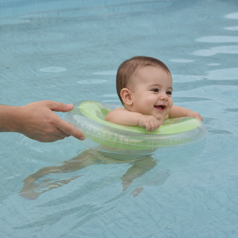 Erwachsene Begleitperson kontrolliert einen Baby-Schwimmring im flachen Wasser
