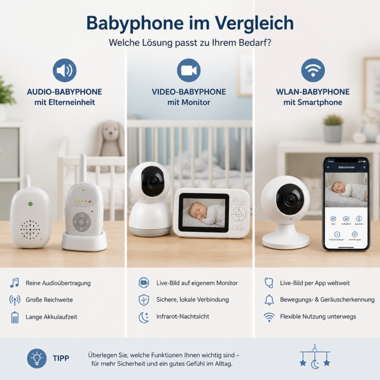 Vergleich von Audio-Babyphone, Video-Babyphone und WLAN-Kamera