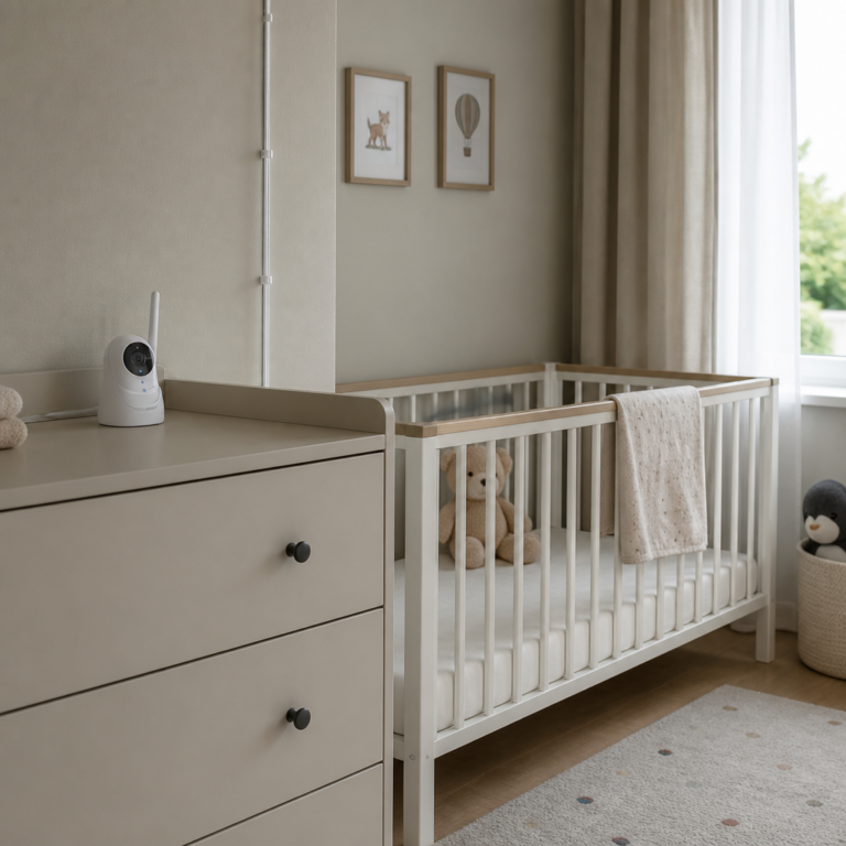 Sicher aufgestelltes Babyphone mit auu00dferhalb der Reichweite verlegtem Kabel