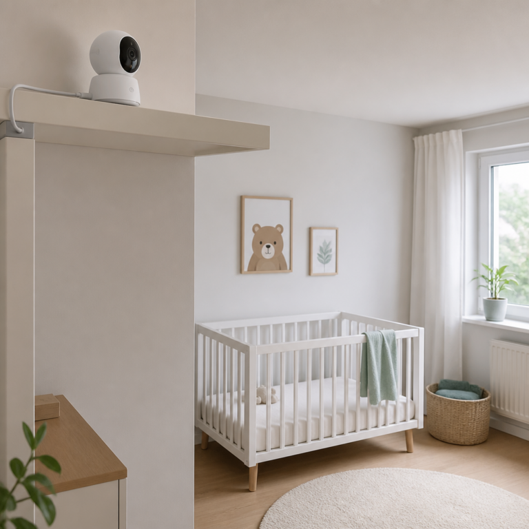 Sicher platzierte Kamera mit ordentlich verlegtem Kabel im Kinderzimmer