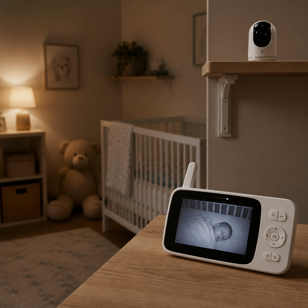 Babyphone mit Kamera mit Elterndisplay in einem sicheren Kinderzimmer