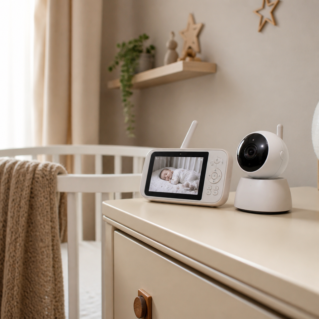 Babyphone mit Kamera und Elterneinheit neben einem sicher eingerichteten Kinderbett