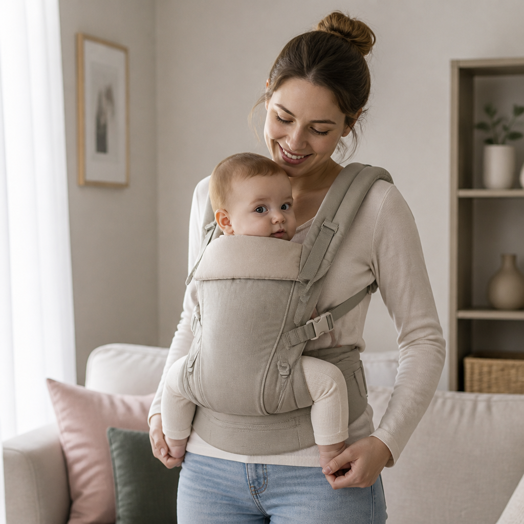Ergonomische Babytrage mit sicher getragener Person und sichtbar freiem Gesicht des Babys