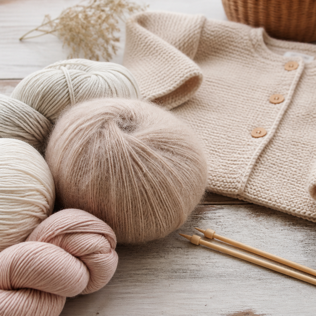 Verschiedene weiche Garne und ein gestricktes Babyjäckchen auf hellem Untergrund