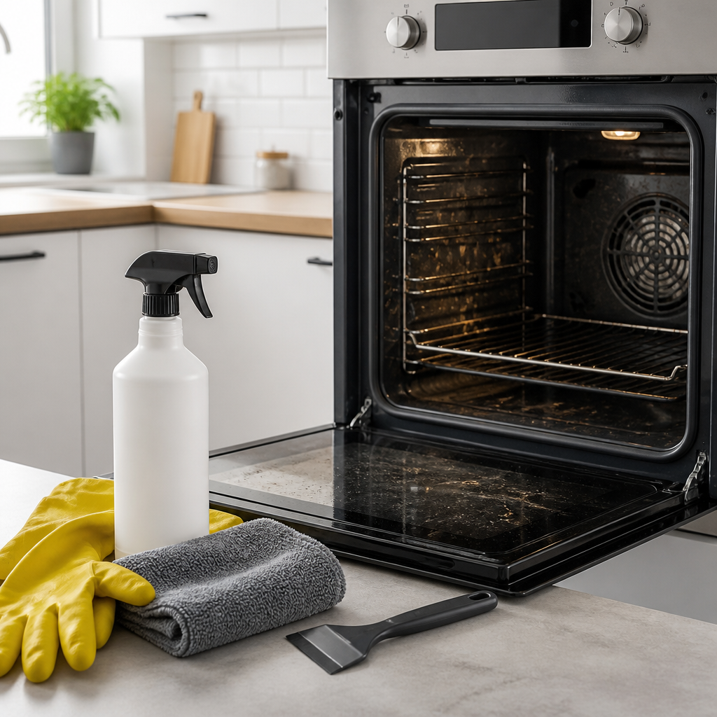 Backofenreiniger, Reinigungshandschuhe und Tuch neben einem geöffneten Backofen