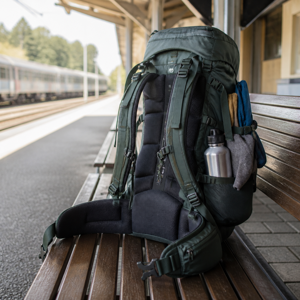 Backpacker-Rucksack mit sichtbarem Tragesystem und Reiseausrüstung an einem Bahnhof