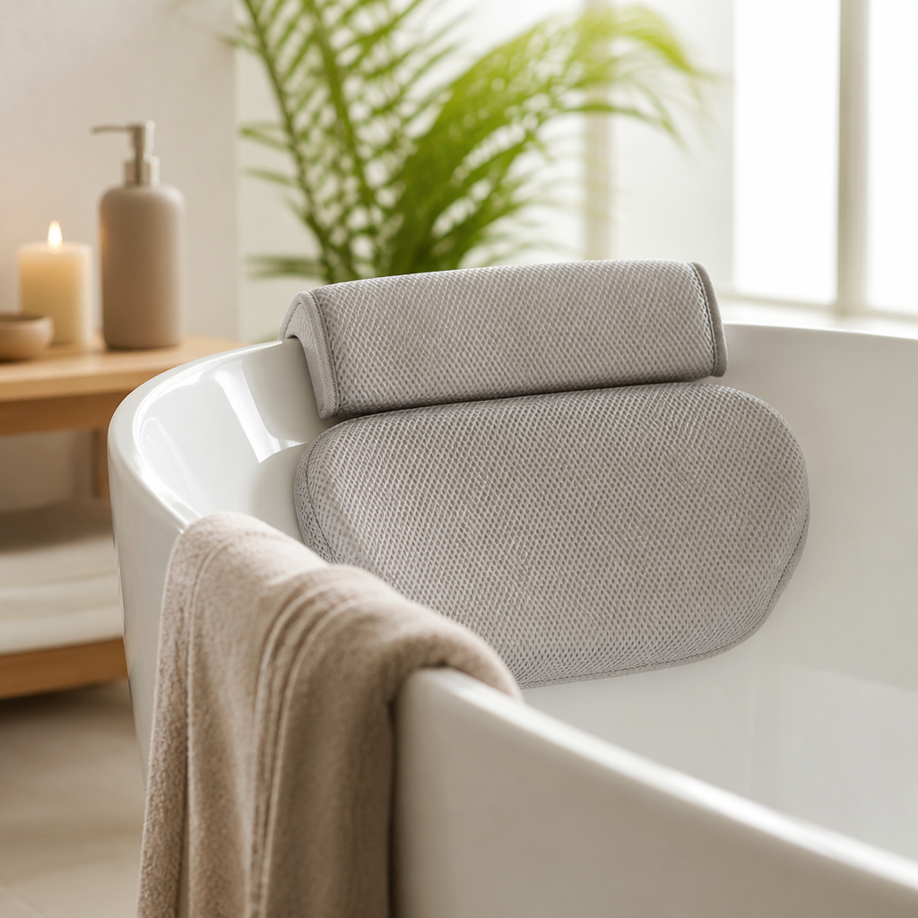 Badewannenkissen an einer weißen Badewanne im hellen Badezimmer