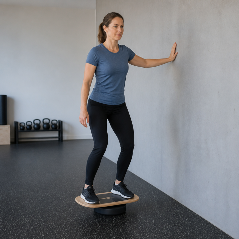 Sicherer Einstieg in das Training auf einem Balance-Board mit Haltemu00f6glichkeit