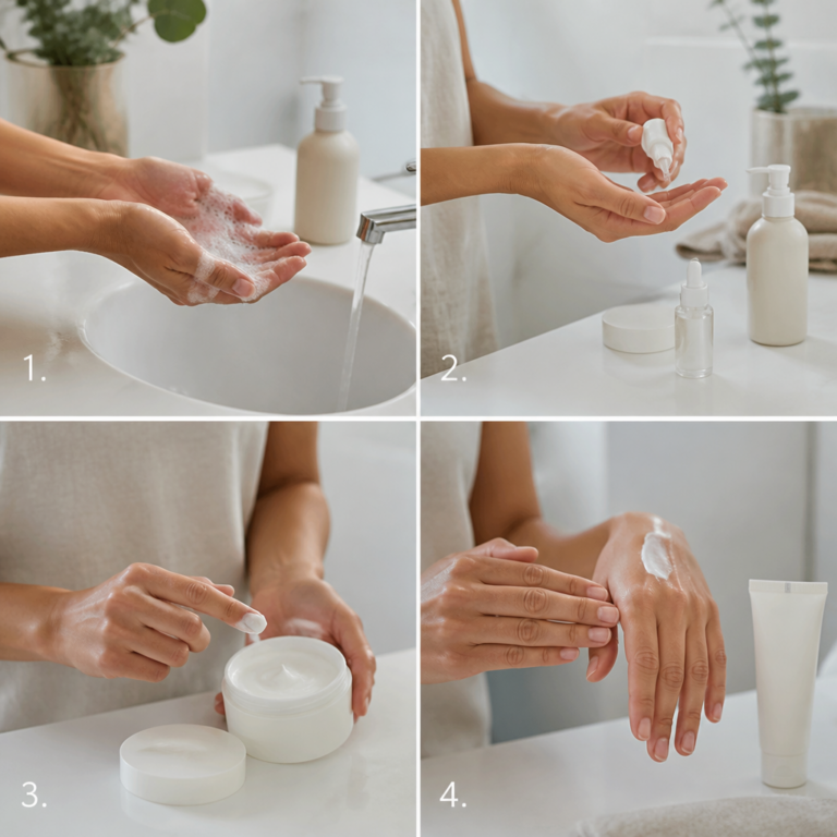 Minimalistische Reihenfolge aus Reinigung, Feuchtigkeitspflege, Creme und Sonnenschutz