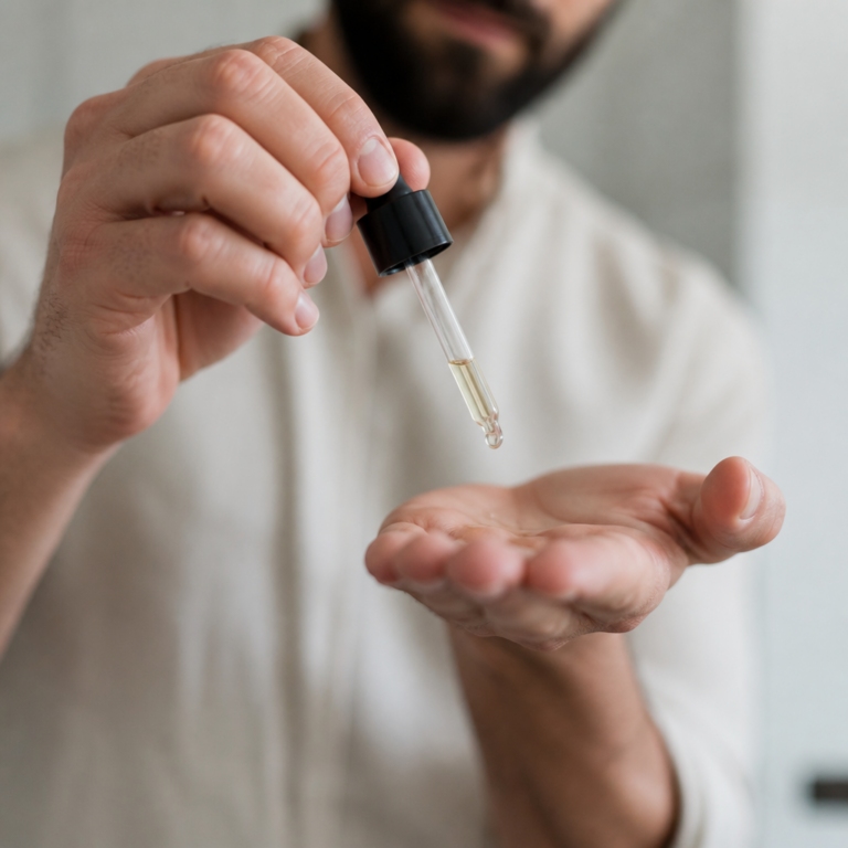 Wenige Tropfen Bartu00f6l werden zur Dosierung in eine Handflu00e4che gegeben