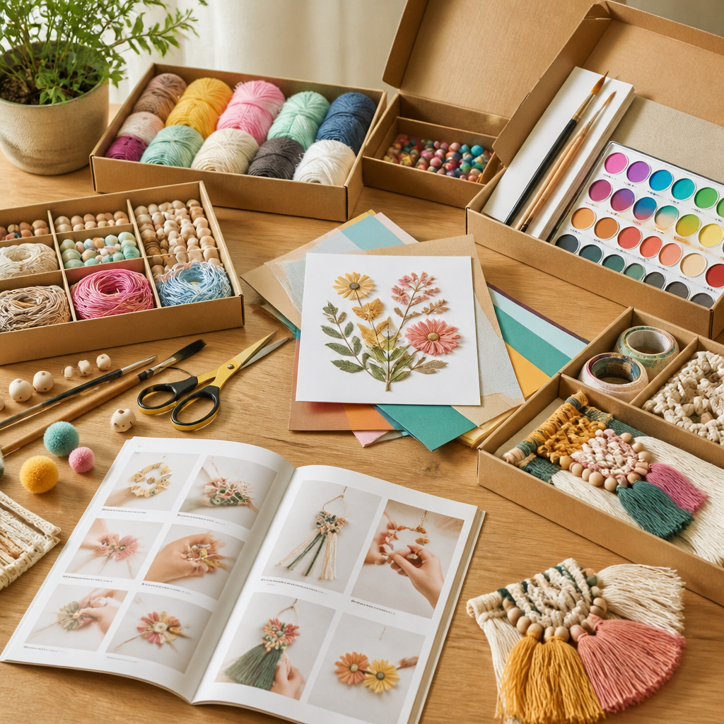 Verschiedene Bastelsets mit kreativen Materialien und Werkzeugen auf einem Tisch