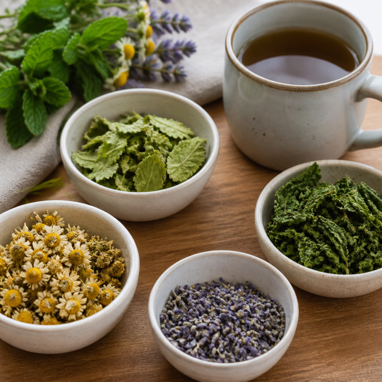 Getrocknete Melisse, Kamille, Lavendel und Pfefferminze neben einer Teetasse