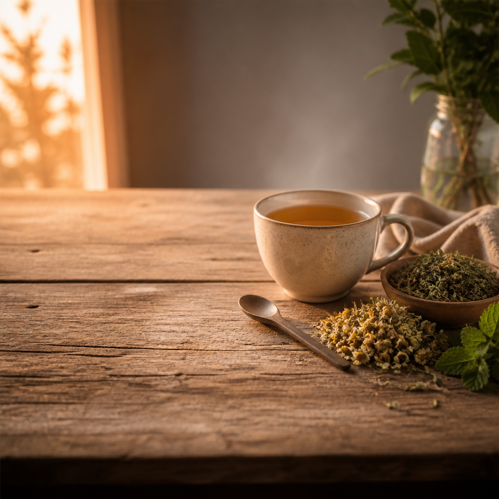 Tasse mit Kräutertee und ausgewählten Zutaten für ein ruhiges Abendritual