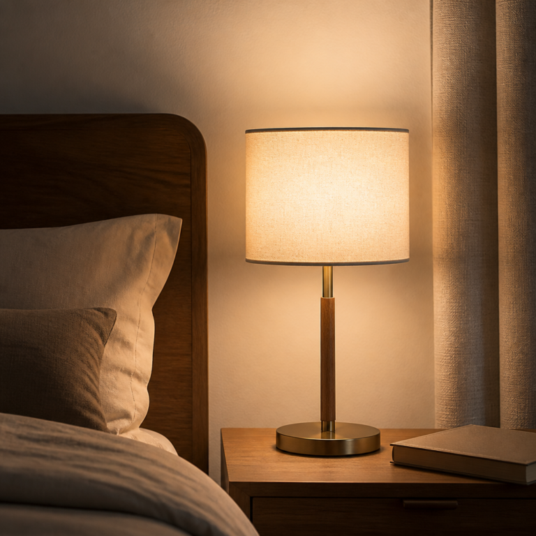 Bettleuchte mit textilem Schirm und warmem, blendarmem Licht