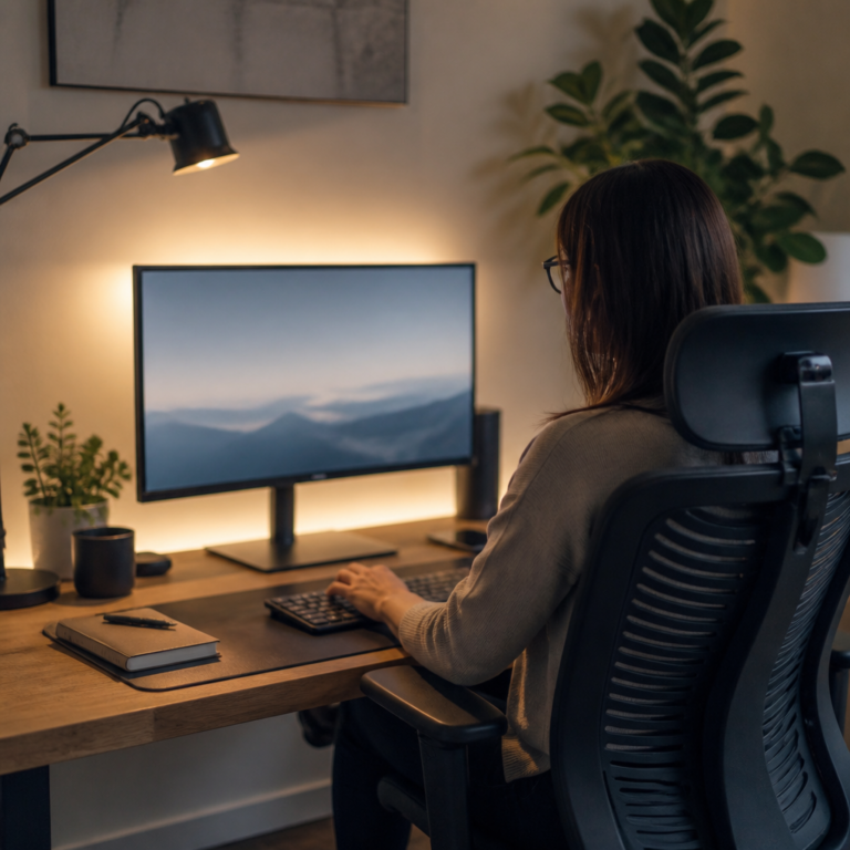 Ergonomischer Bildschirmarbeitsplatz mit getragener Filterbrille