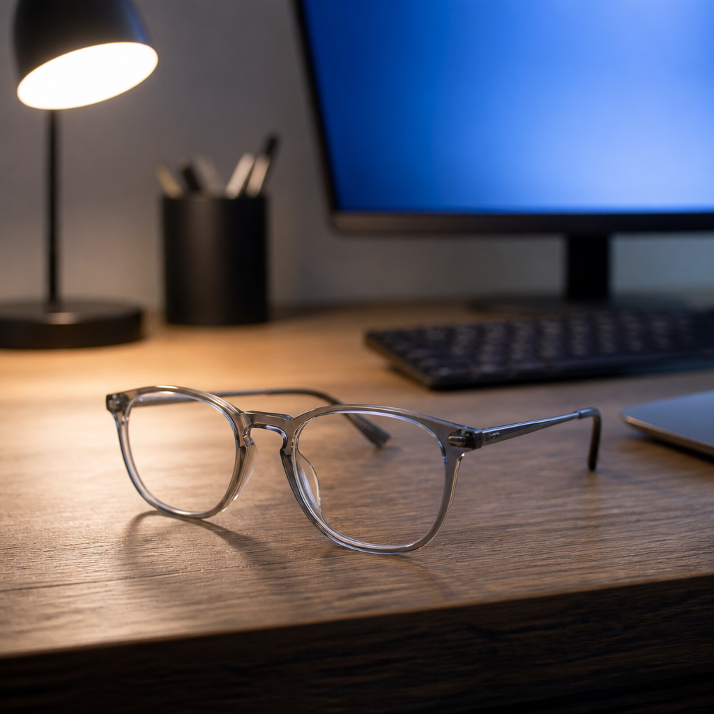 Blaulichtfilter-Brille neben einem Monitor auf einem modernen Schreibtisch