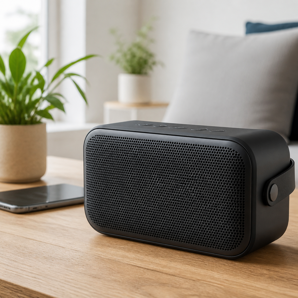 Moderner Bluetooth-Lautsprecher mit Smartphone in einem hellen Wohnzimmer