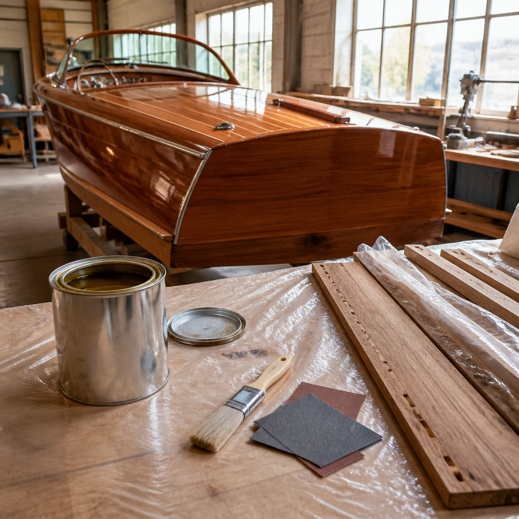 Holzboot mit Bootslack und Werkzeugen in einer Werkstatt