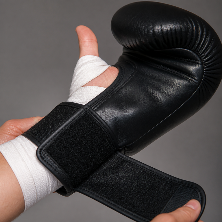 Anprobe eines Boxhandschuhs u00fcber angelegten Handbandagen