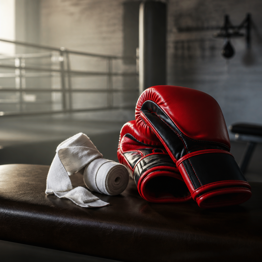 Rote und schwarze Boxhandschuhe mit Handbandagen auf einer Trainingsbank