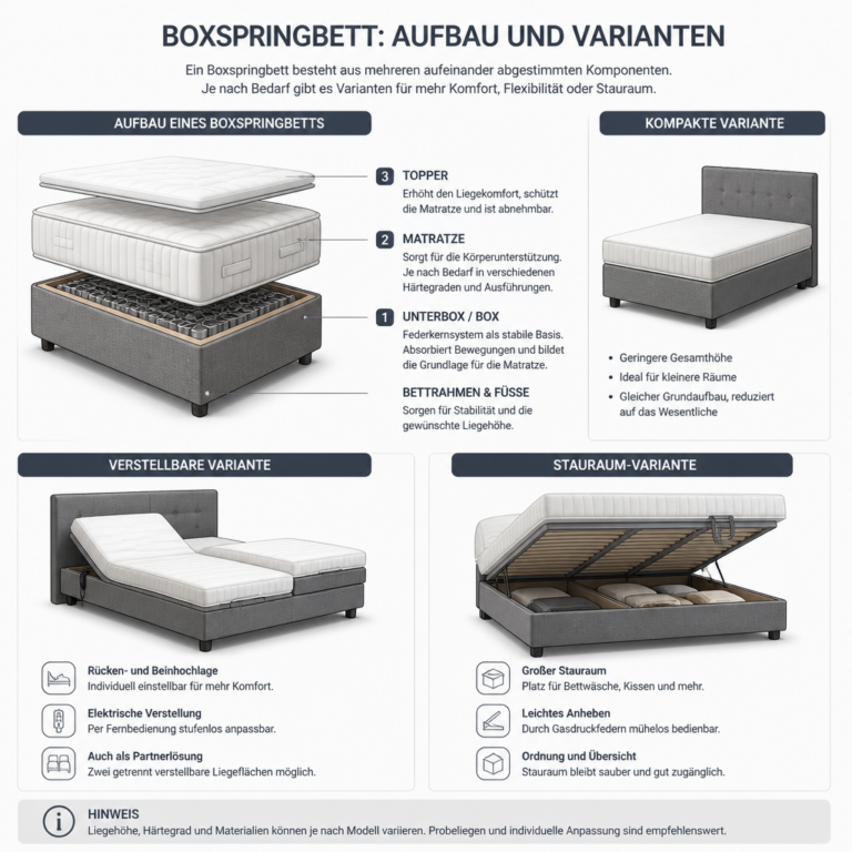 Schematische Darstellung verschiedener Boxspringbett-Varianten und ihrer Bauteile