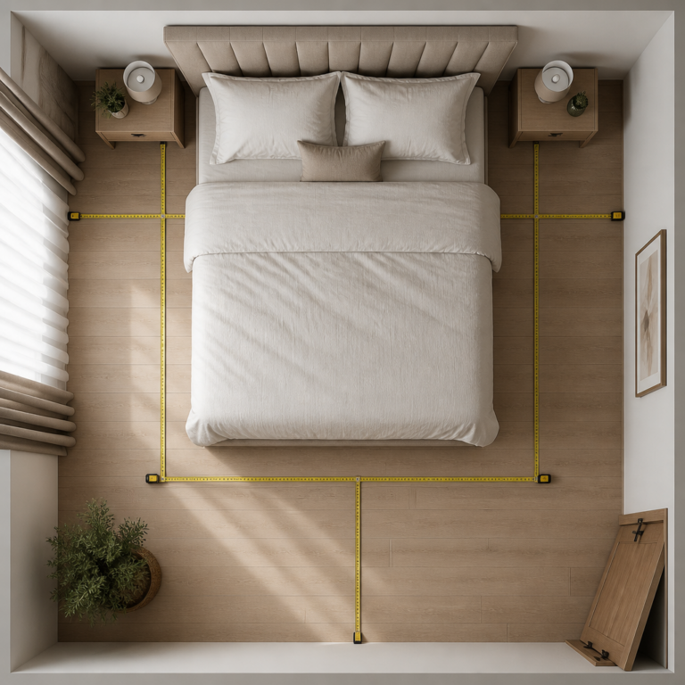 Vermessung eines Schlafzimmers fu00fcr ein grou00dfes Boxspringbett