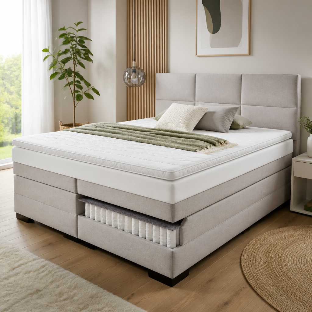 Modernes Boxspringbett mit 180x200 Zentimetern Liegefläche in einem hellen Schlafzimmer