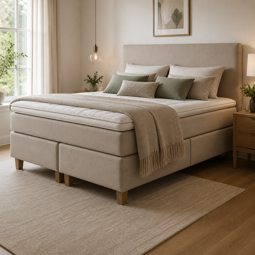 Modernes Boxspringbett mit gepolstertem Kopfteil und erhöhter Liegefläche im Schlafzimmer