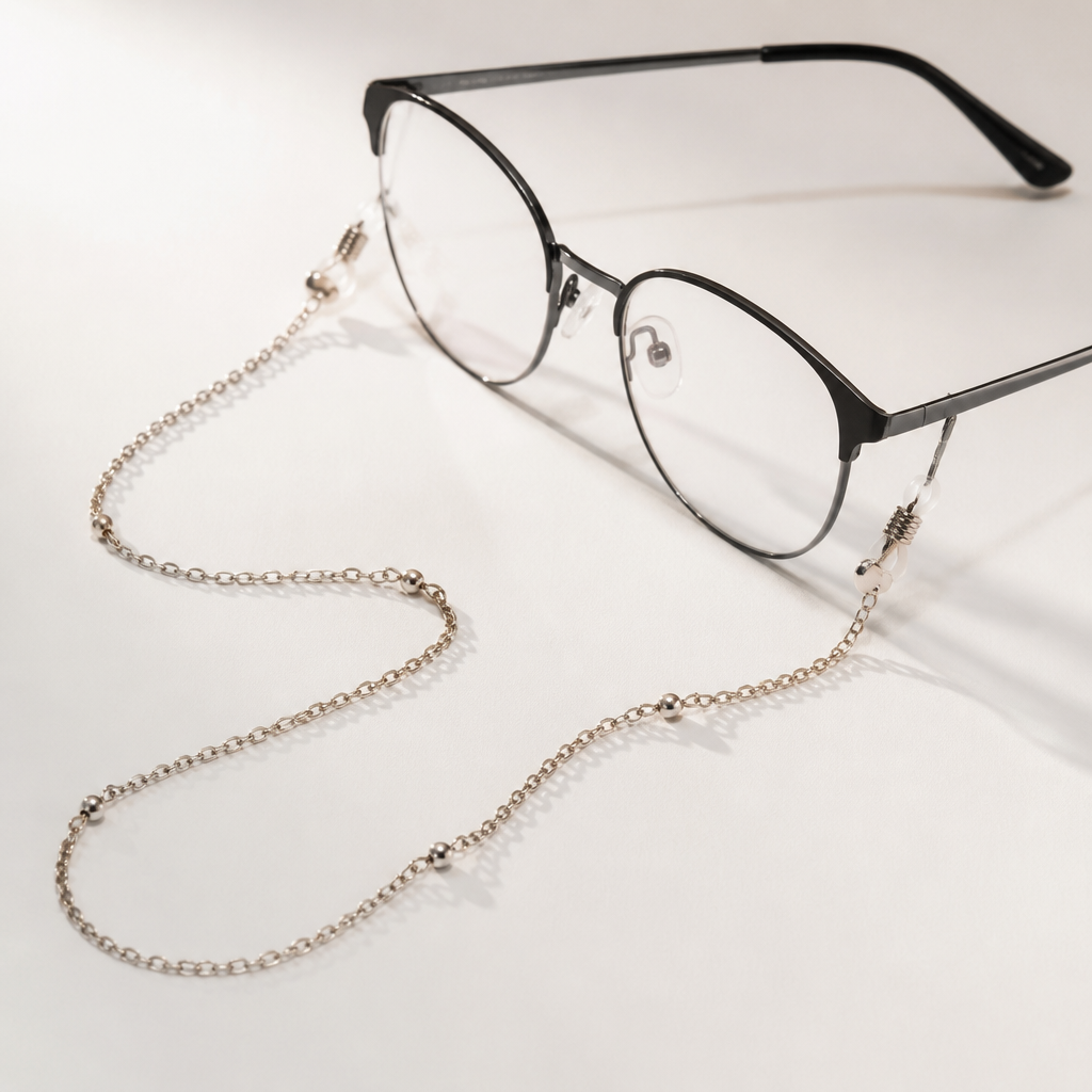 Elegante Brillenkette an einer modernen Brille auf hellem Hintergrund