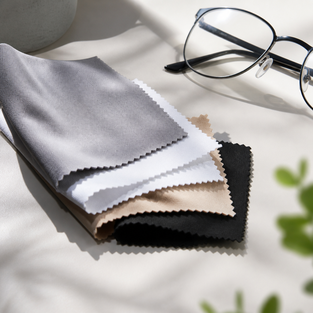Brillenputztücher aus Mikrofasern neben einer Brille auf einer hellen Oberfläche