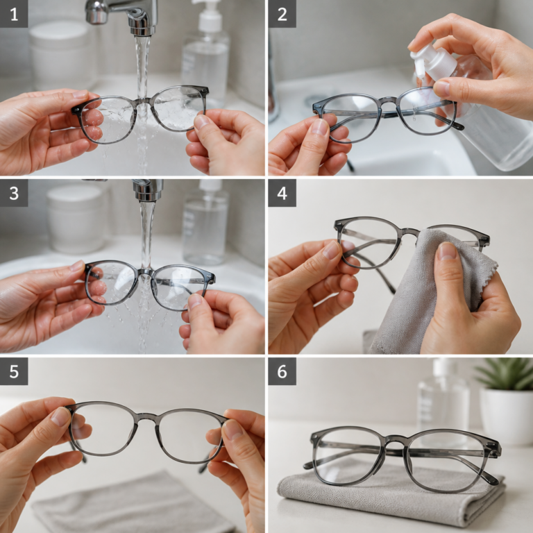 Eine Brille wird vorsichtig mit Wasser und Mikrofasertuch gereinigt