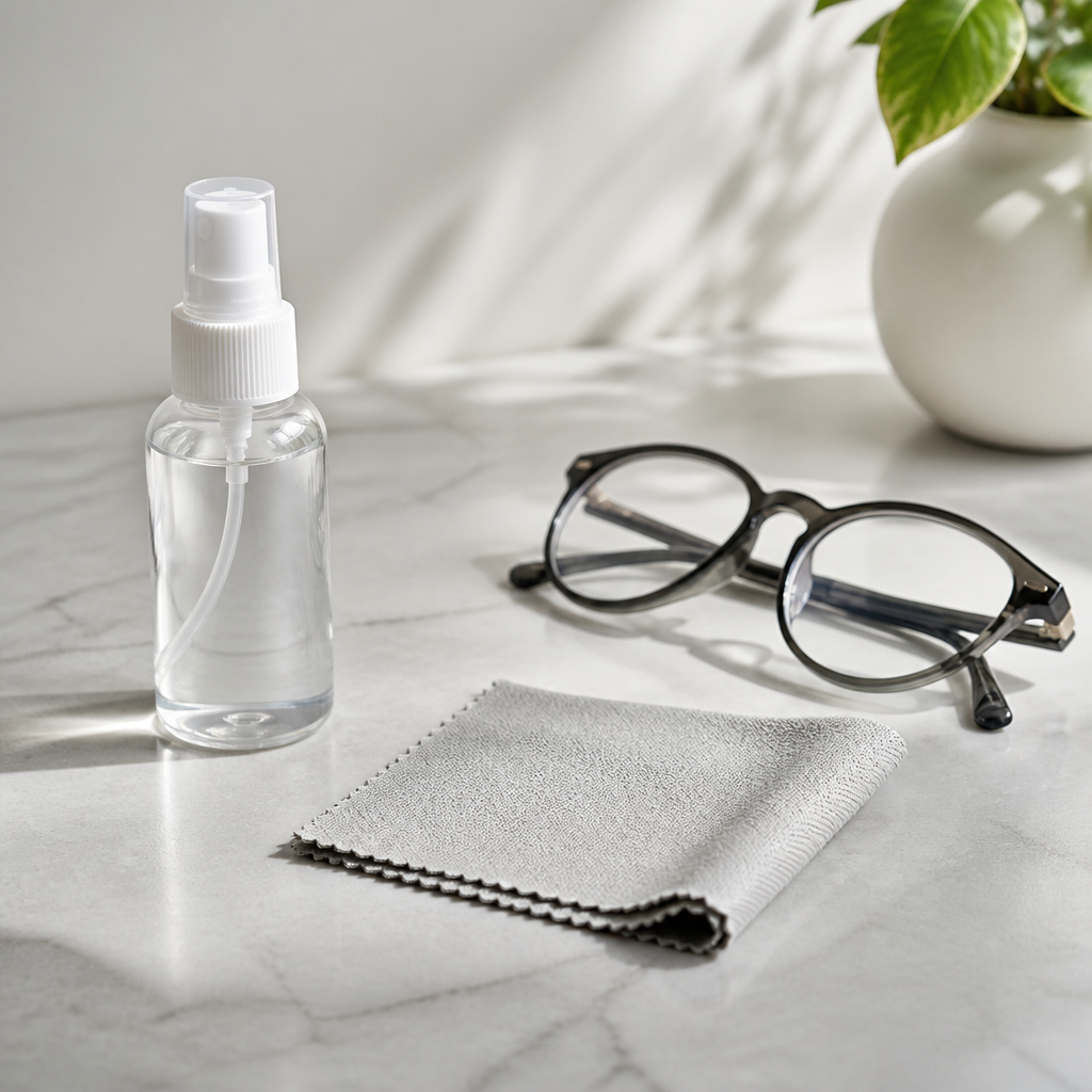 Brillenreiniger mit Mikrofasertuch neben einer Brille