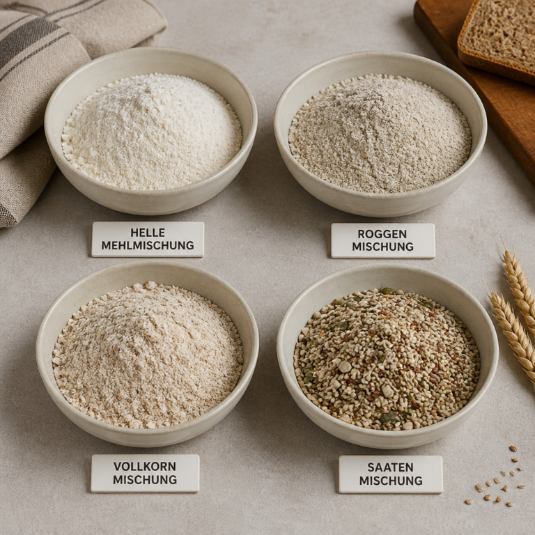 Verschiedene trockene Brotbackmischungen mit Mehl, Schrot und Saaten im Vergleich