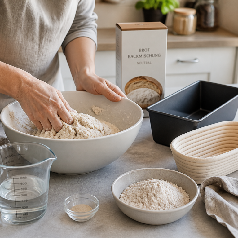 Teig aus einer Brotbackmischung wird in einer Schu00fcssel vorbereitet