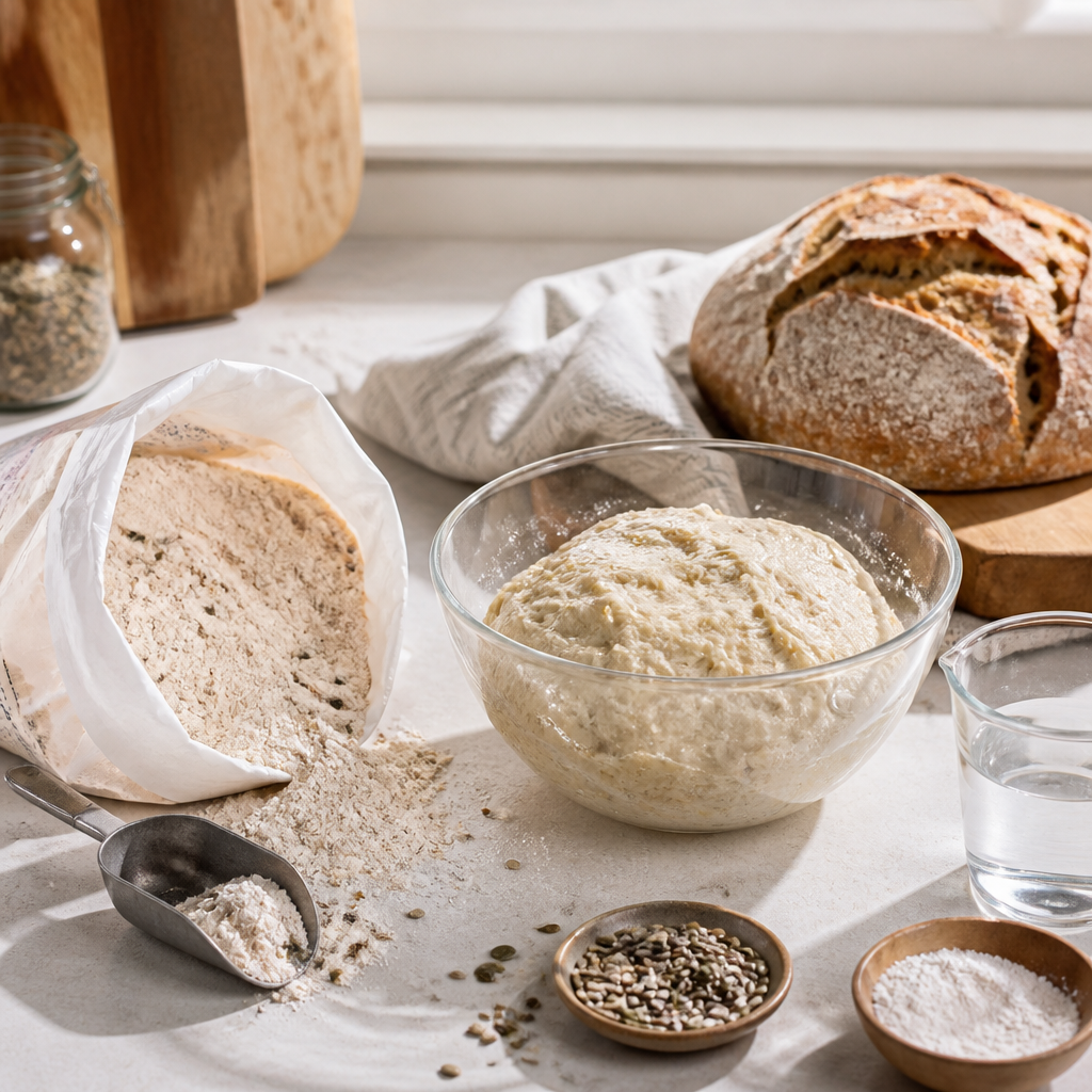 Brotbackmischung, Teigschüssel und frisch gebackenes Brot auf einer Küchenarbeitsfläche