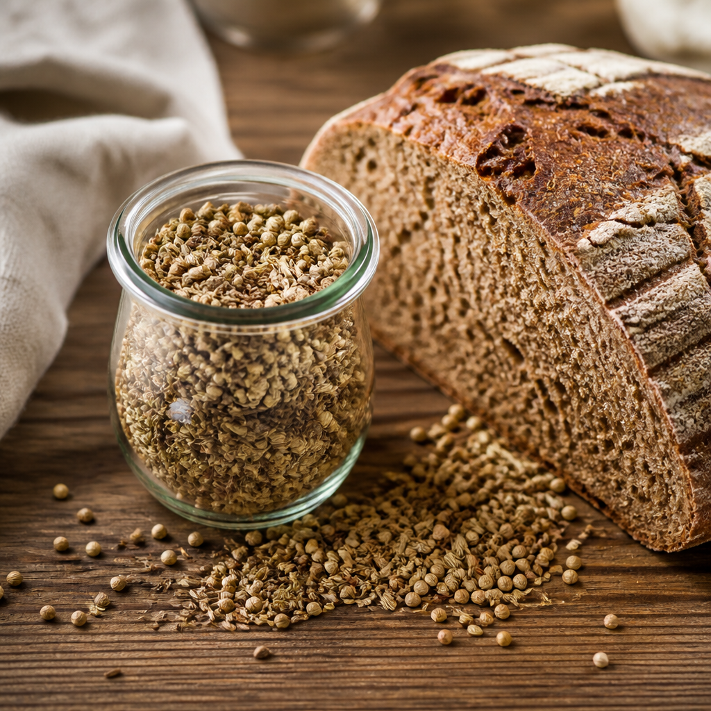 Brotgewürz mit Kümmel, Fenchel, Koriander und Anis neben frischem Roggenbrot